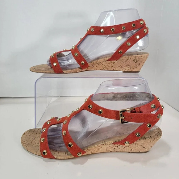 Michael Kors Women’s 9 Cork Wedge Orange Suede Studded Strappy Thong Sandals - Picture 2 of 10
